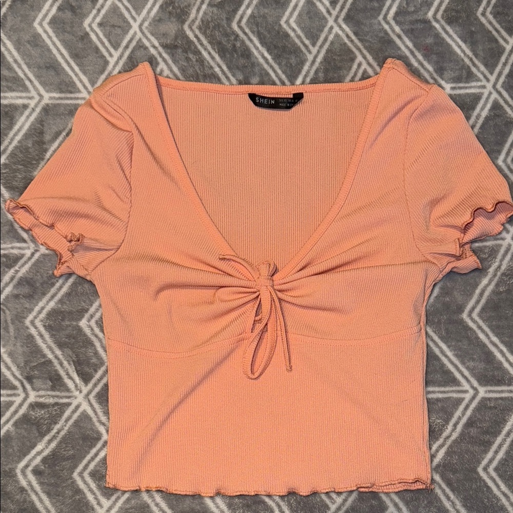 SHEIN Orange Pink Crop Tie-Front Blouse